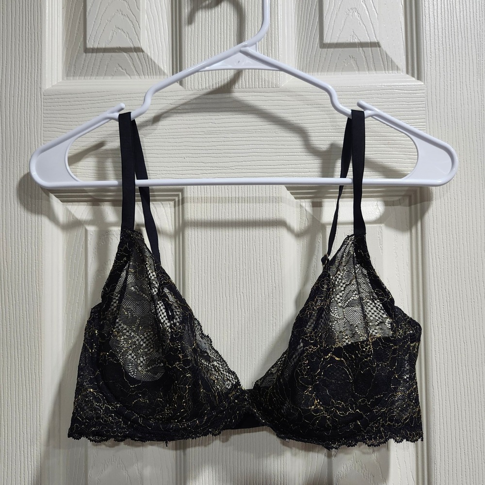 Aerie Black Gold Metallic Floral Lace Unlined Underwire Bra Size 36D